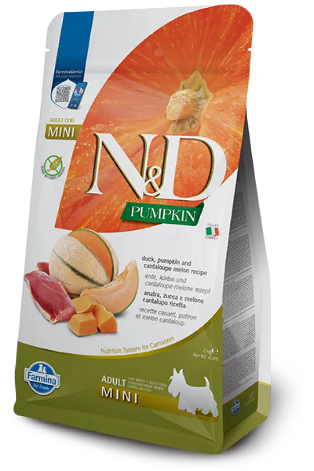 Фото Корм для собак Фарміна N&D Grain Free PUMPKIN DUCK & CANTALOUPE ADULT MINI з качкою та динею купити за ціною ₴1305.00